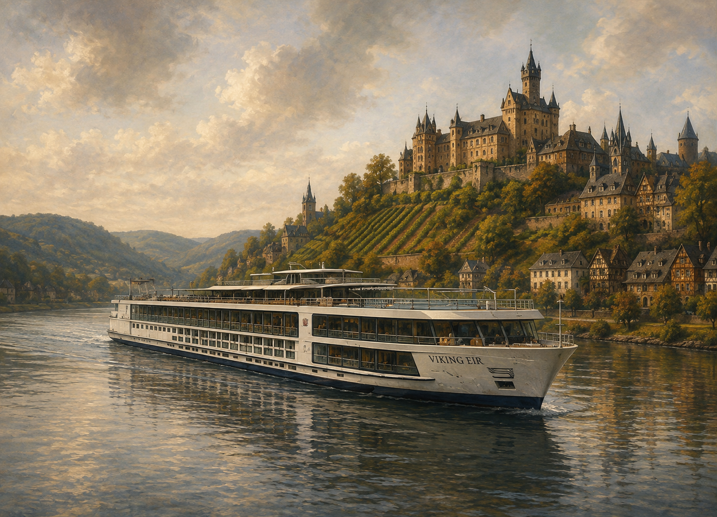 River cruise ship sailing past a castle and vineyards along the Rhine