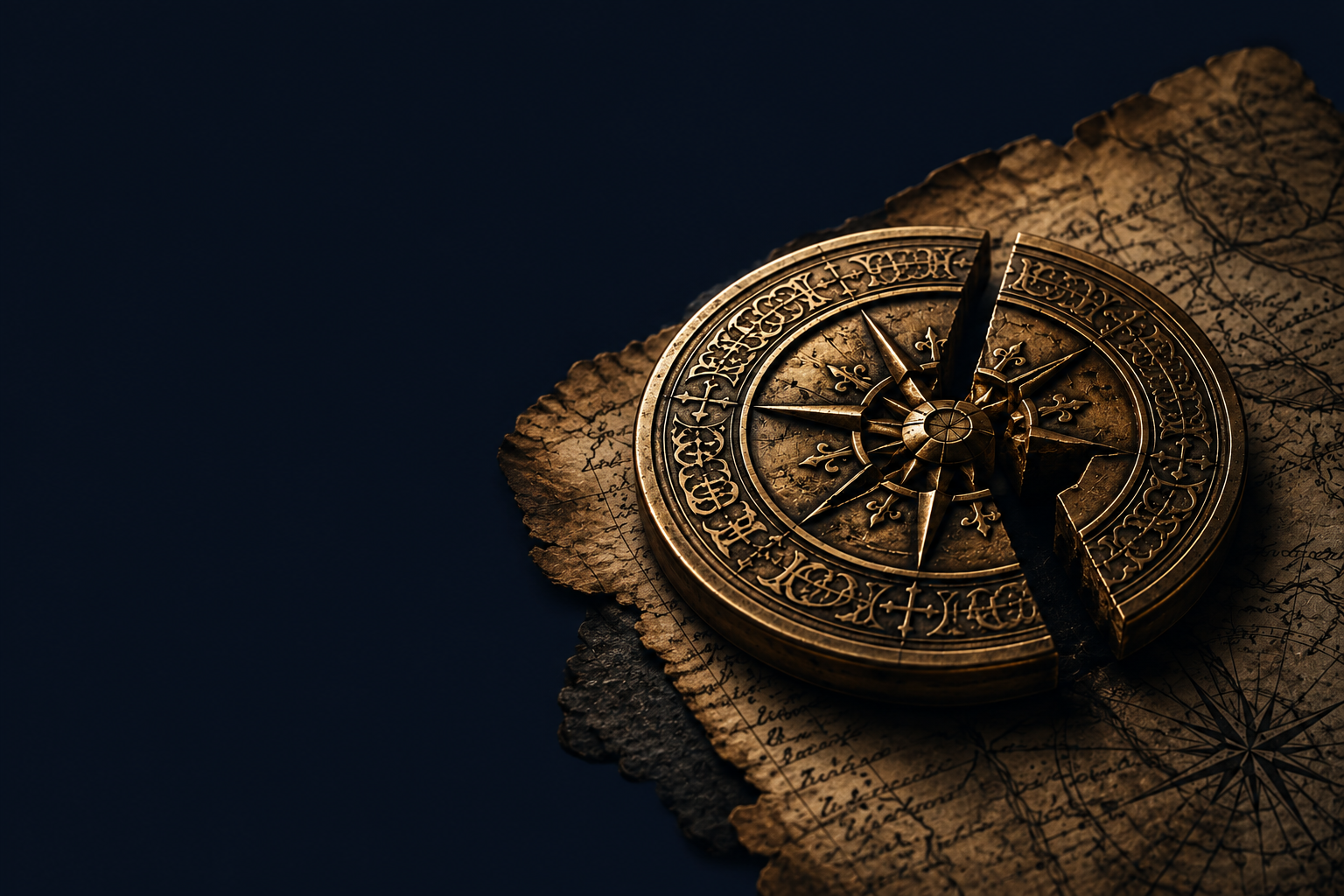 An ancient, broken compass with intricate gold designs resting on a worn, old map with handwritten notes and a compass rose on a dark background.