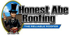 Logo for Honest Abe Roofing featuring a cartoon Abe Lincoln wearing a top hat and suit, with the text "Honest Abe Roofing" and "The Reliable Roofer".