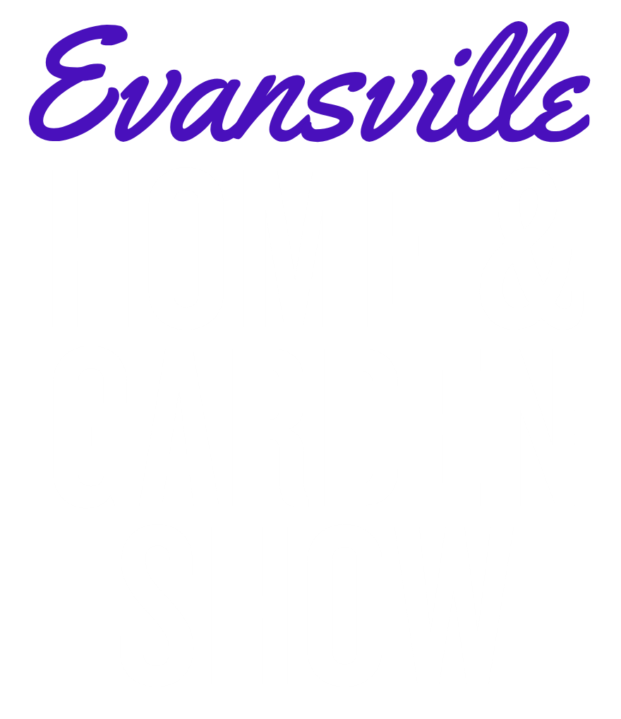 Text saying 'Evansville Home & Garden Show' in purple and white on a black background.