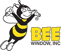 Illustration of a cartoon bee with sunglasses, flying with wings, next to the text 'BEE WINDOW, INC' in yellow letters.