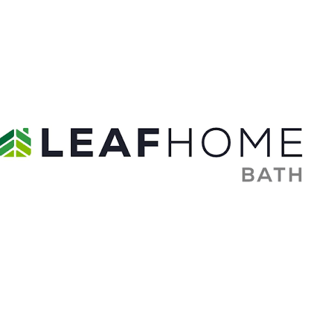 Logo for Leaf Home Bath featuring a green leafy house icon and the text 'LEAF HOME BATH' in black and gray