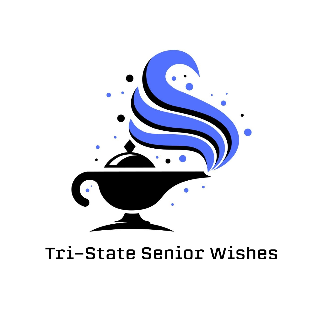 A stylized graphic of a magic lamp with blue smoke rising from it, surrounded by small dots, with the text "Tri-State Senior Wishes" below.