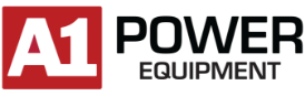 A logo with the text "A1 Power Equipment" in bold white and gray letters on a black background, with a red square background behind the 'A1' part.