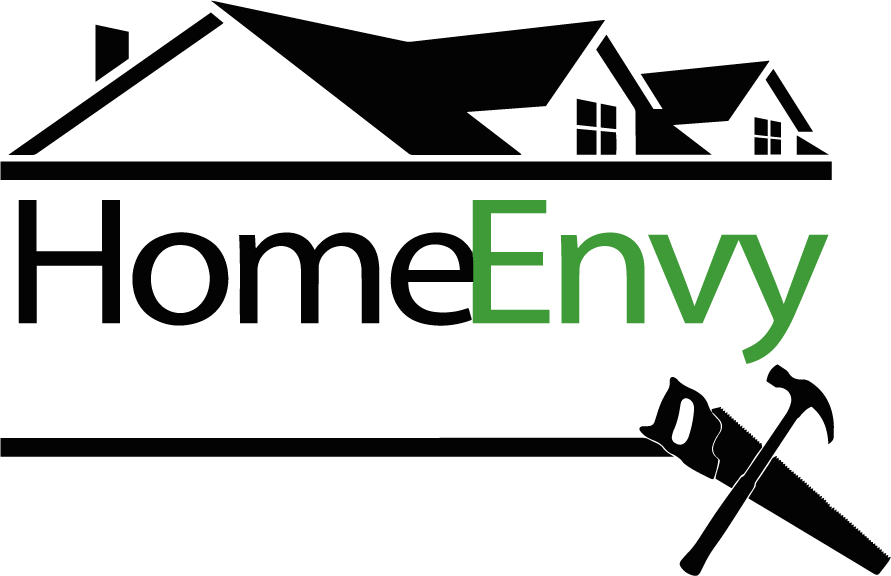 Logo with the words 'Home Envy' in black and green, featuring a house silhouette above the text and a hammer and paint roller crossed below.
