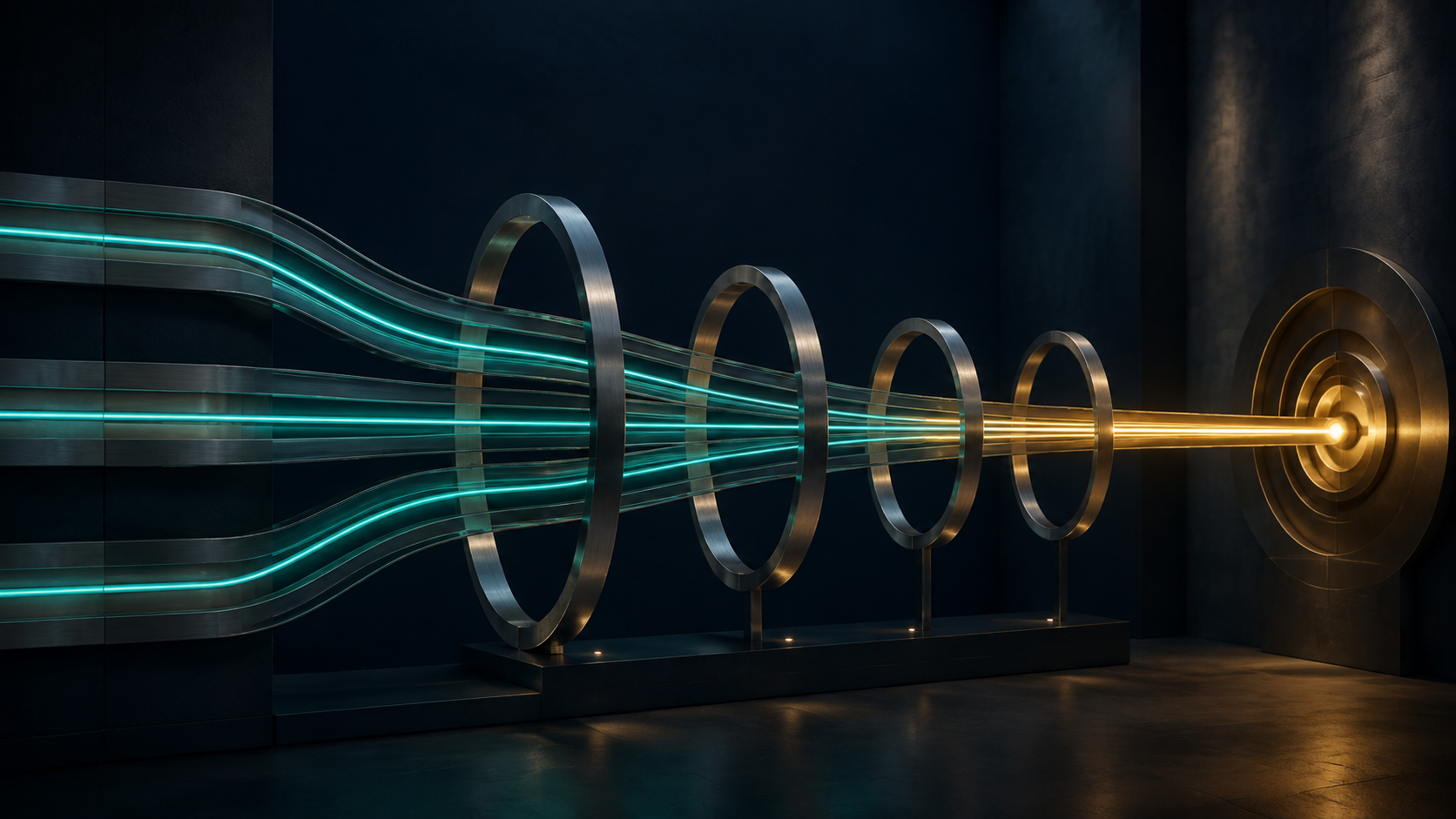 Three teal revenue pathways converging through precision rings into a focused gold output.