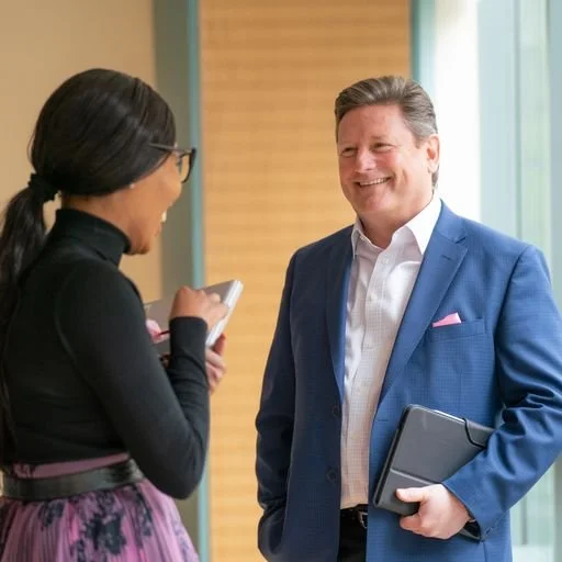 Chris Flaherty speaking with a colleague during a business event.