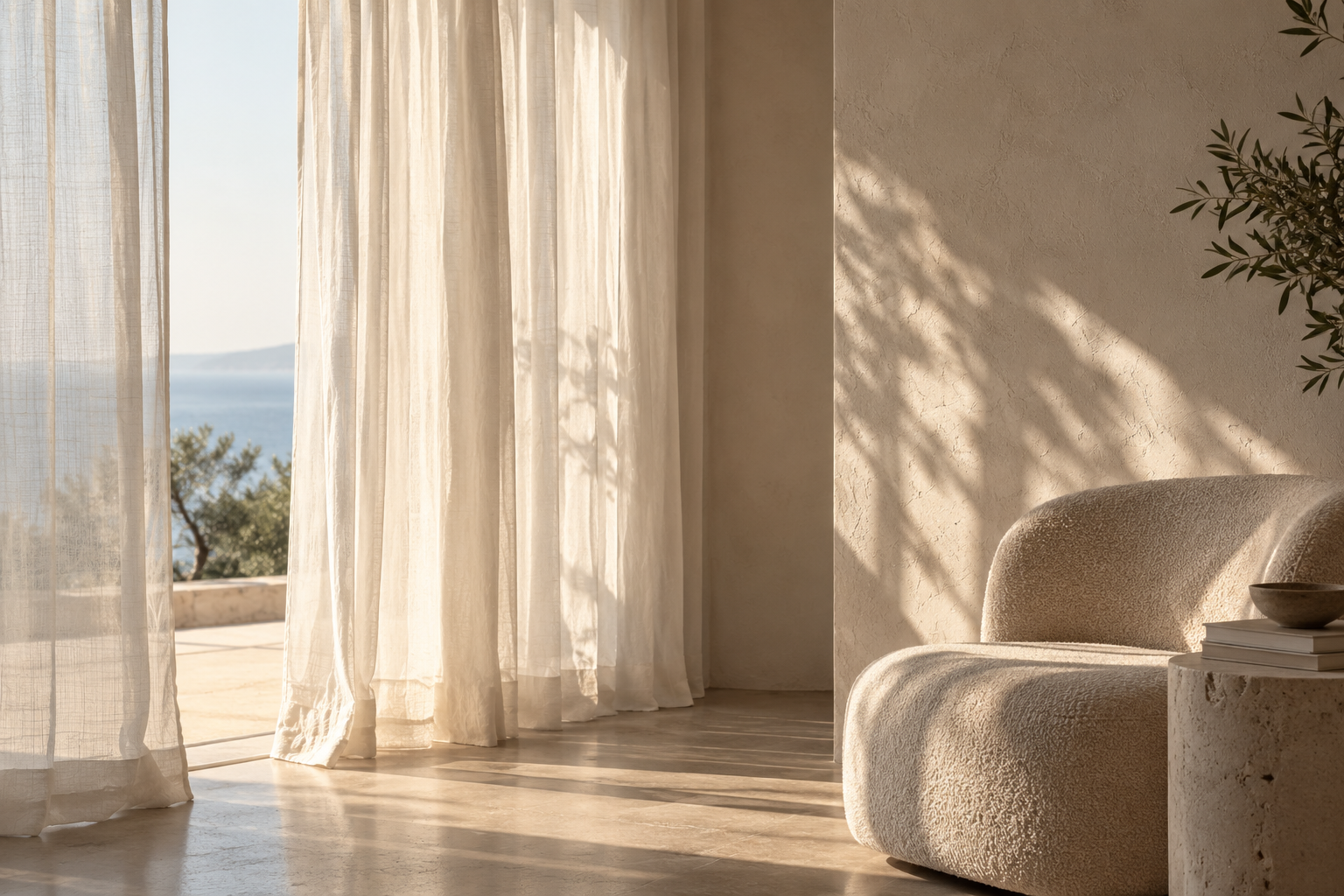 Sunlit interior with beige textured armchair, white side table, stacks of books, a bowl, sheer curtains, and a view of the ocean and trees outside.