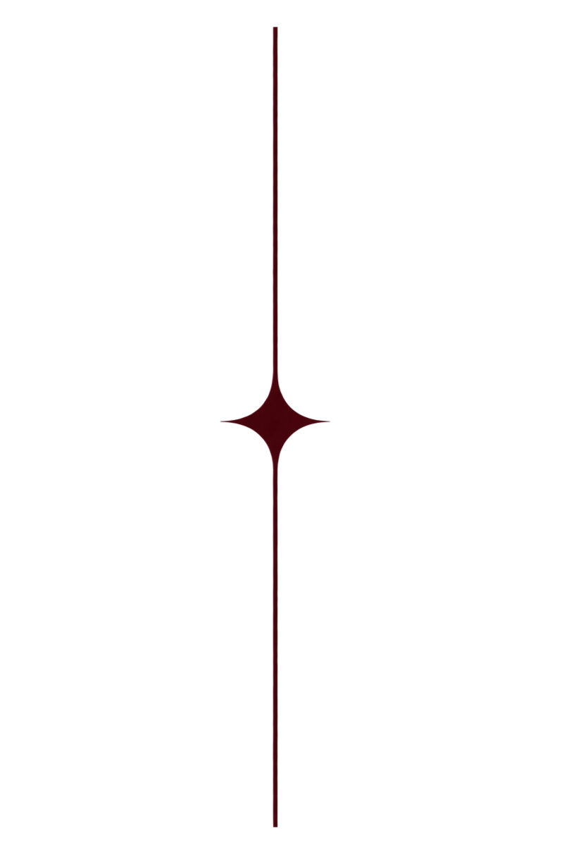 A vertical illustration of a dark red star-shaped object with lines extending above and below it, against a black background.