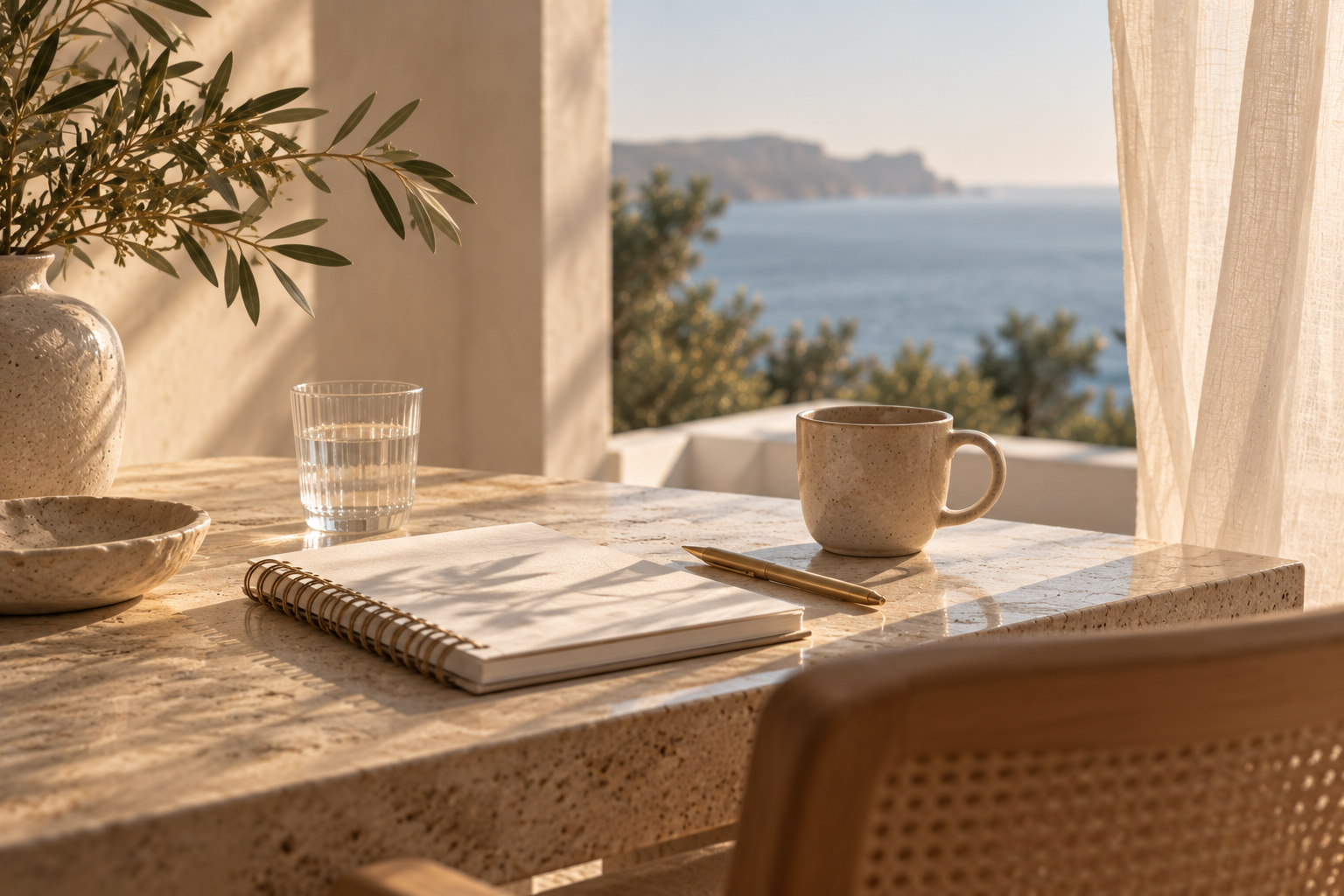 A beige marble table with a notebook, gold pen, coffee mug, glass of water, and bowl, with a view of the ocean and trees through sheer curtains.