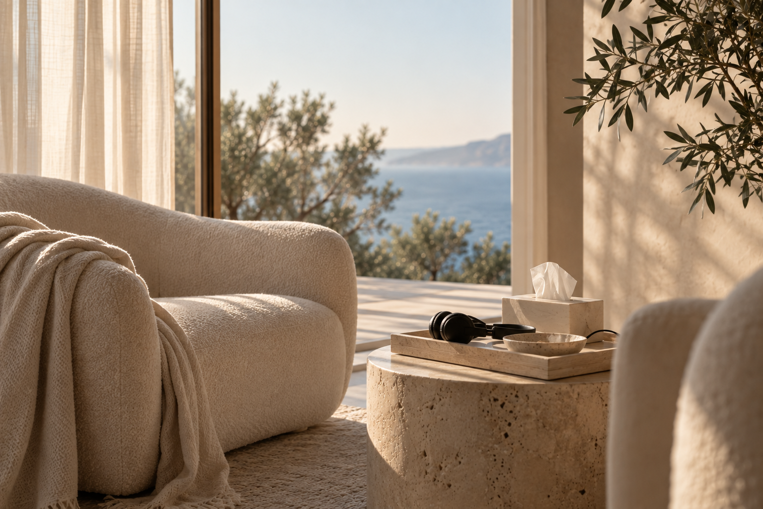 A cozy living room with a beige sofa, a round beige table with a tissue box, black headphones, and a small bowl, overlooking the sea through large windows, with sunlight streaming in and a potted plant to the side.