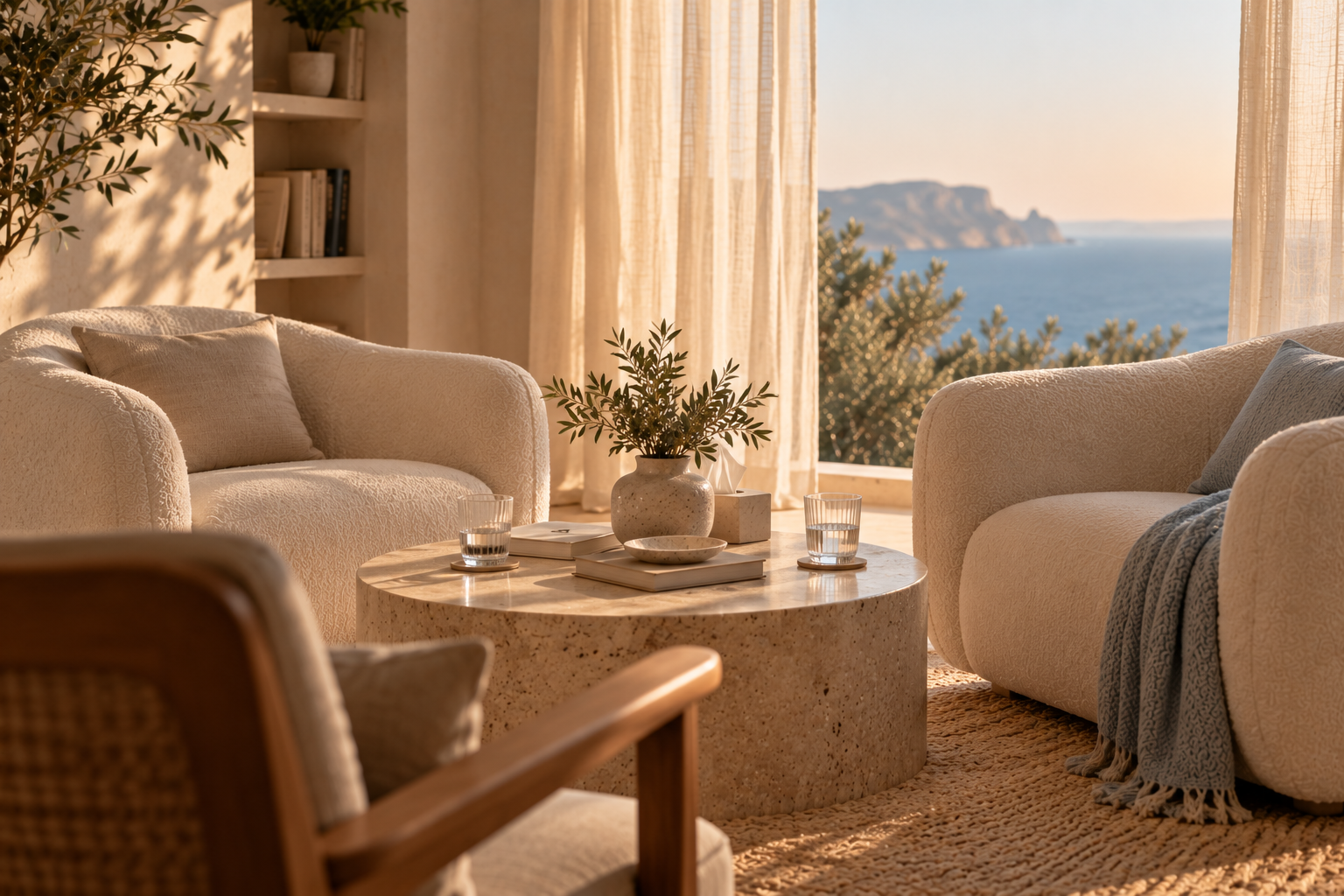 Living room with cream-colored sofas, a round marble coffee table with potted plant, books, and glasses of water, large windows with sheer curtains, overlooking the ocean and distant cliffs.