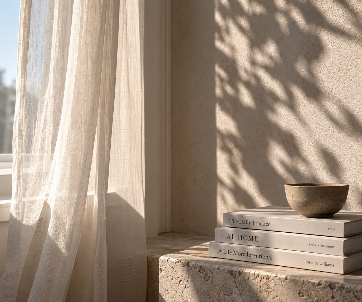 Sunlight filtering through sheer curtains onto a beige wall, with a stack of four neutral-colored books and a small ceramic bowl on a beige textured countertop.