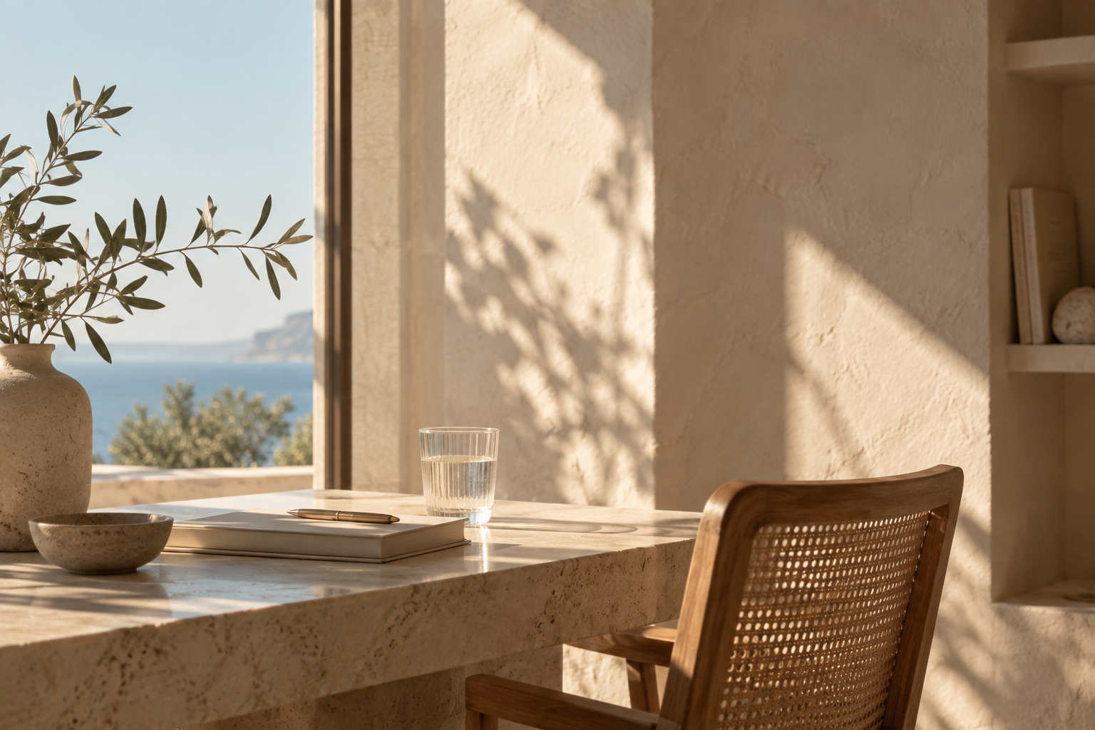 A cozy interior with a marble table, a wooden chair, a potted plant, a glass of water, a notebook, and a pen, with sunlight and shadows on the wall and a view of the sea and landscape outside the window.