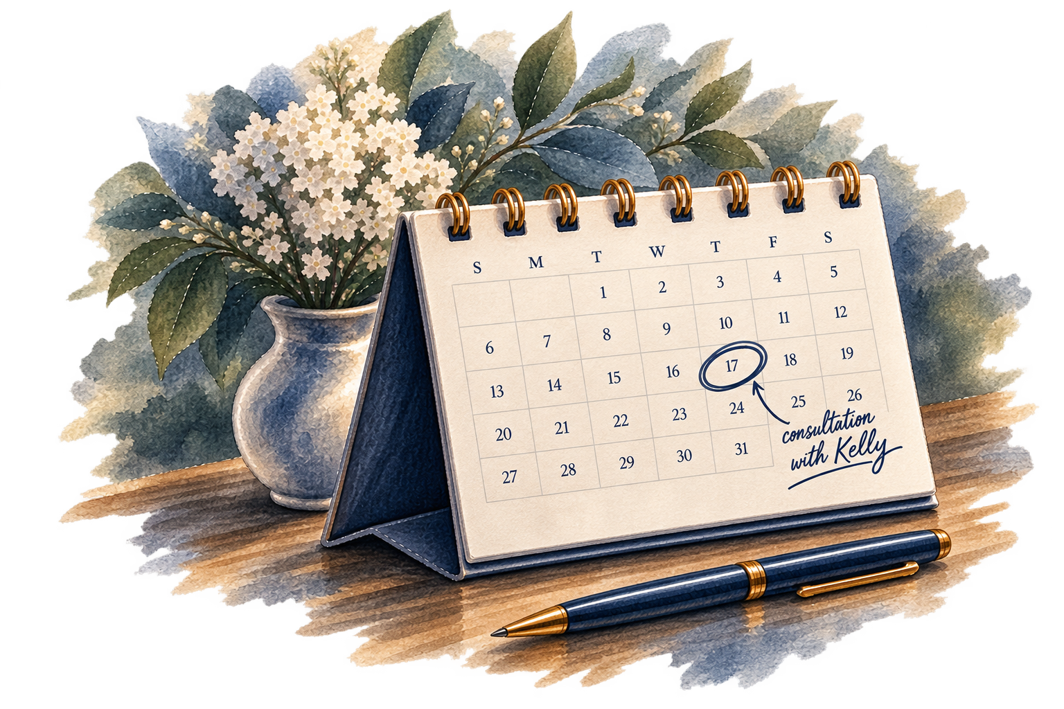 Watercolor illustration of a desk calendar marked for a consultation with Kelly.
