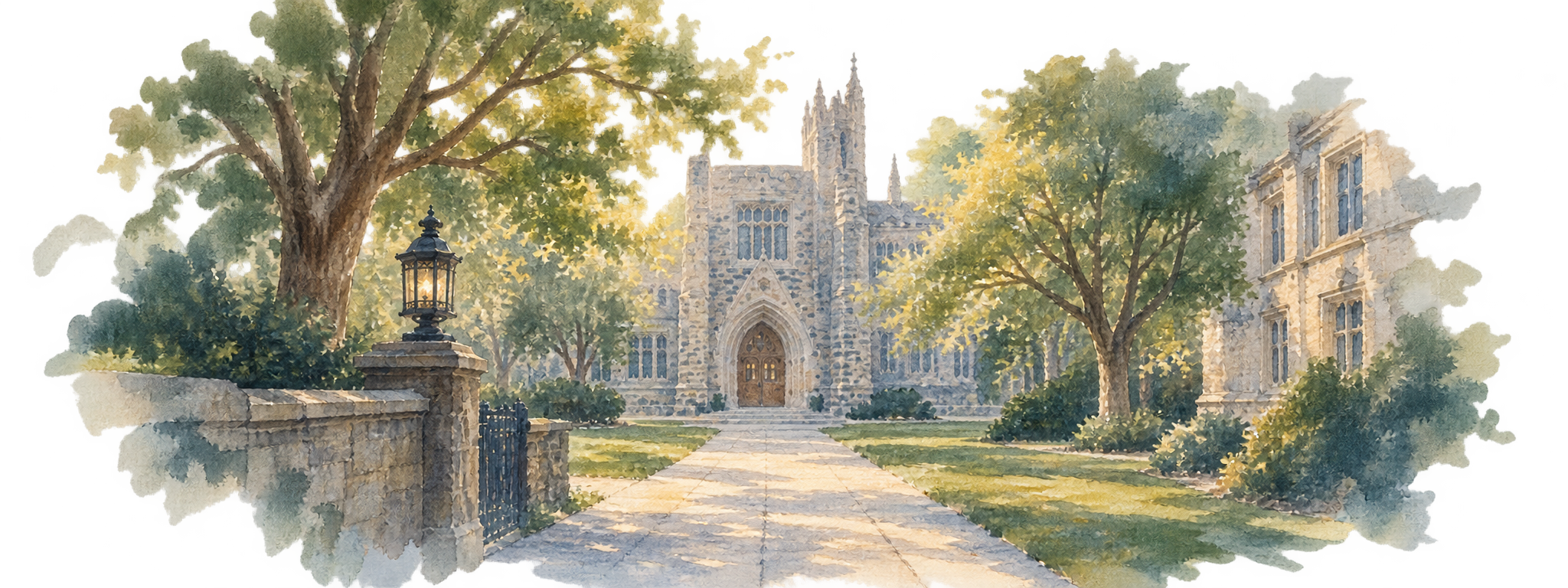 Watercolor illustration of a tree-lined college campus with academic buildings.