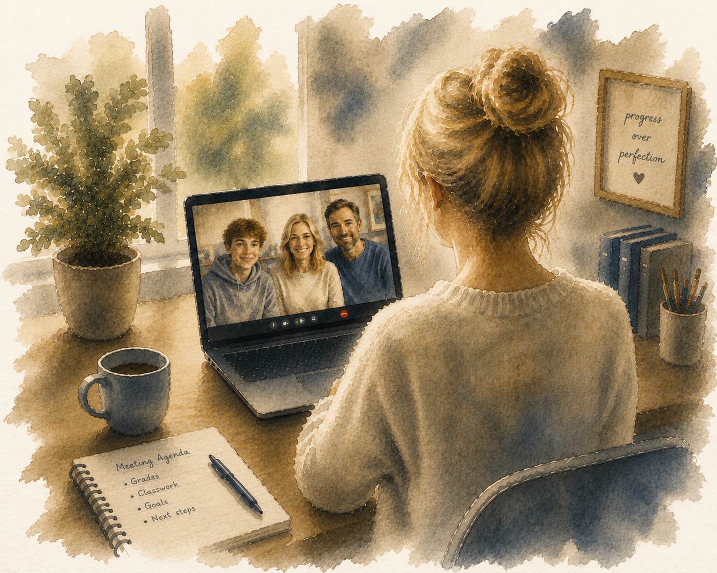 A woman with blonde hair in a bun participating in a video call with a teenage boy, a woman, and a man. The woman is sitting at a desk with a coffee mug, a notebook with a pen, and a potted plant. The notebook has meeting agenda items listed as Grades, Classwork, Goals, Next steps. The background includes a framed quote, books, and a cup of pens, with large windows showing trees outside.