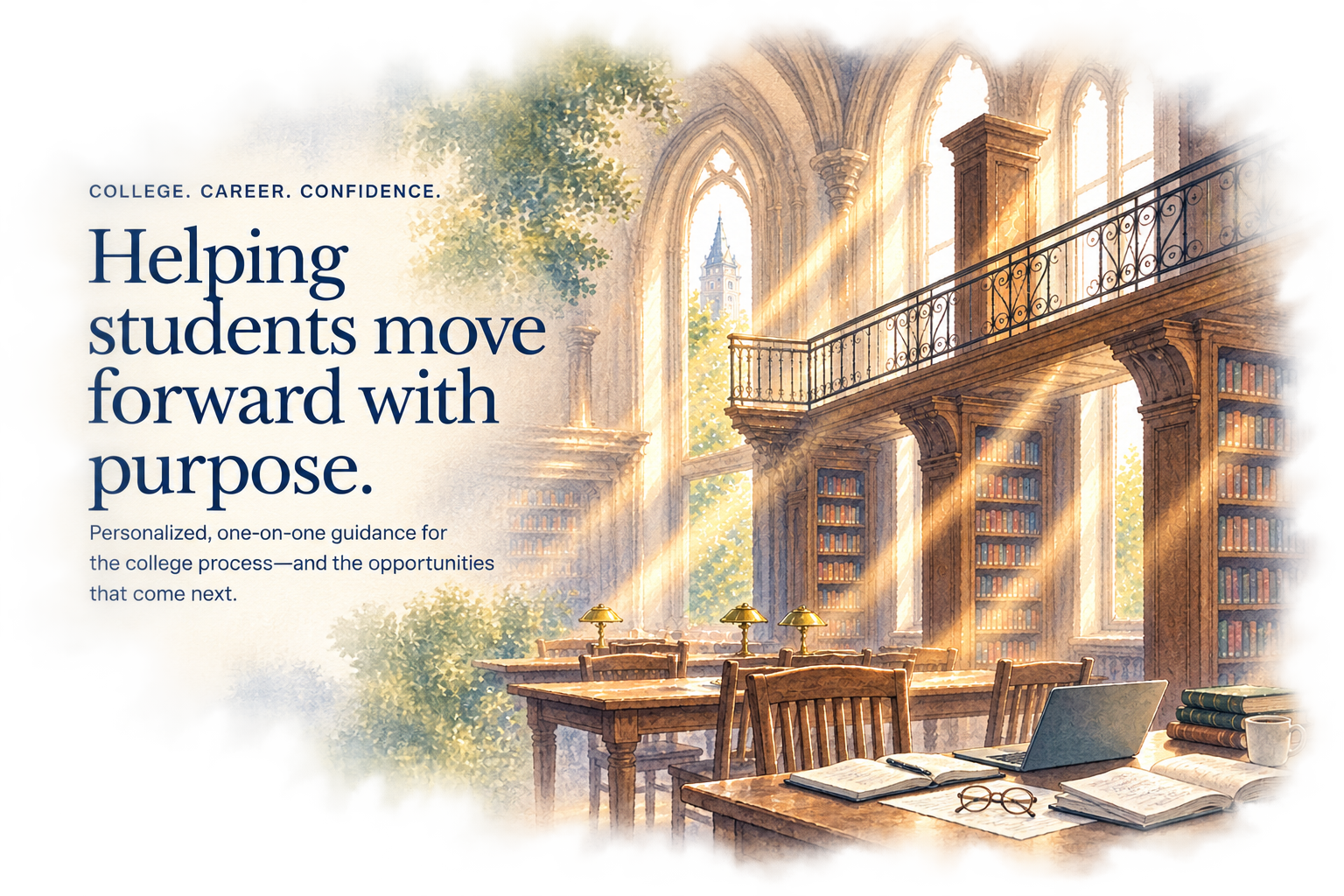 Watercolor illustration of a sunlit college library with bookshelves and study tables.