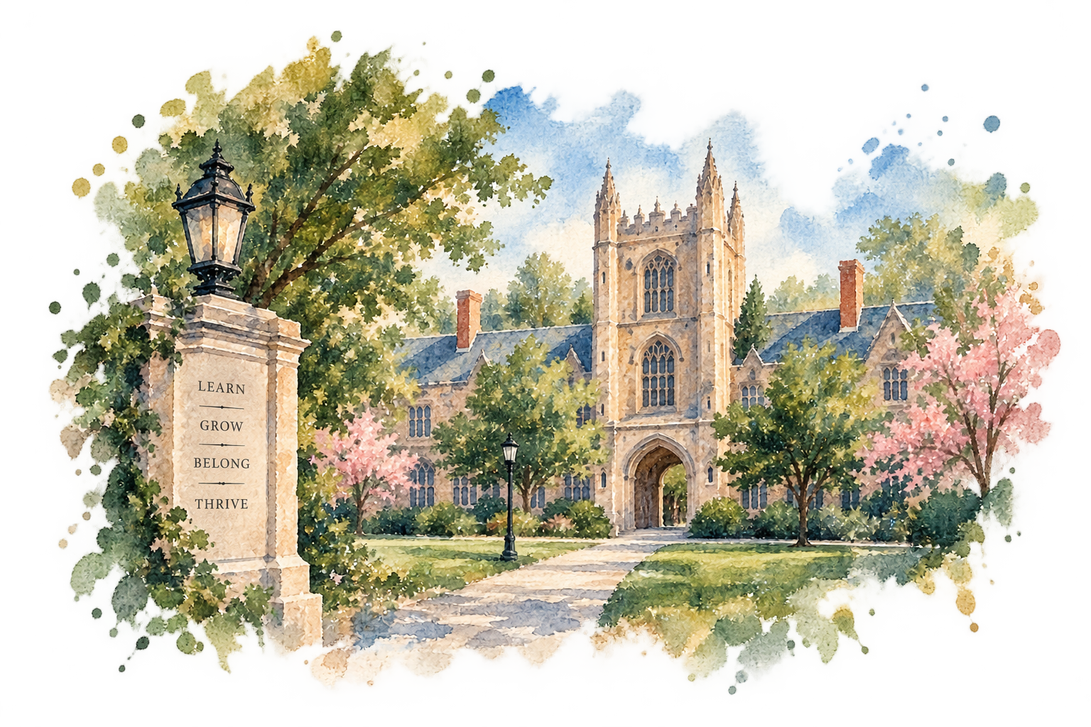 A watercolor painting of a college campus with a historic building, lush green trees, blooming pink trees, and a stone sign that reads "Learn, Grow, Belong, Thrive" near a lamp post.