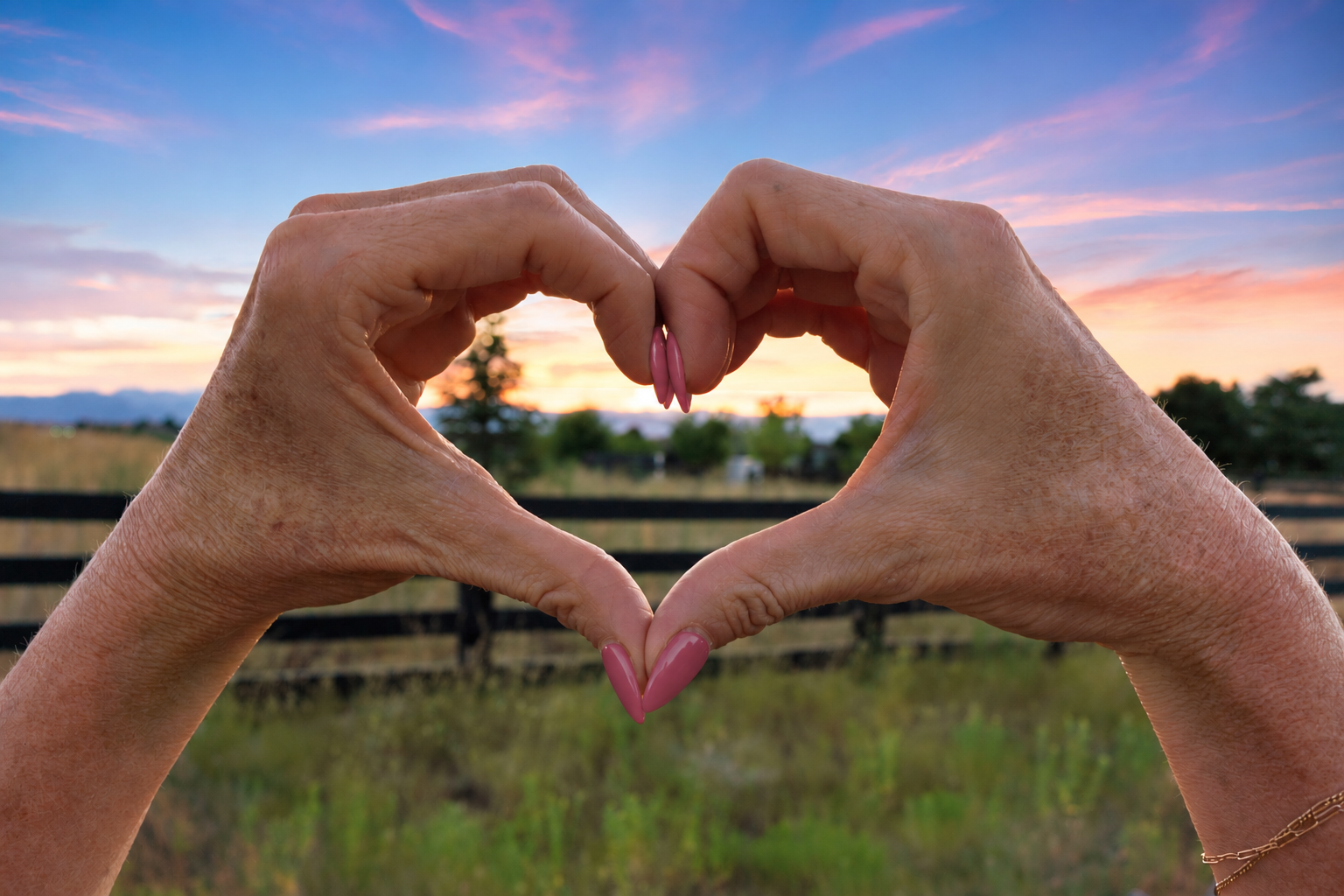 Two hands with pink nail polish forming a heart shape against a sunset sky with clouds and a landscape background
