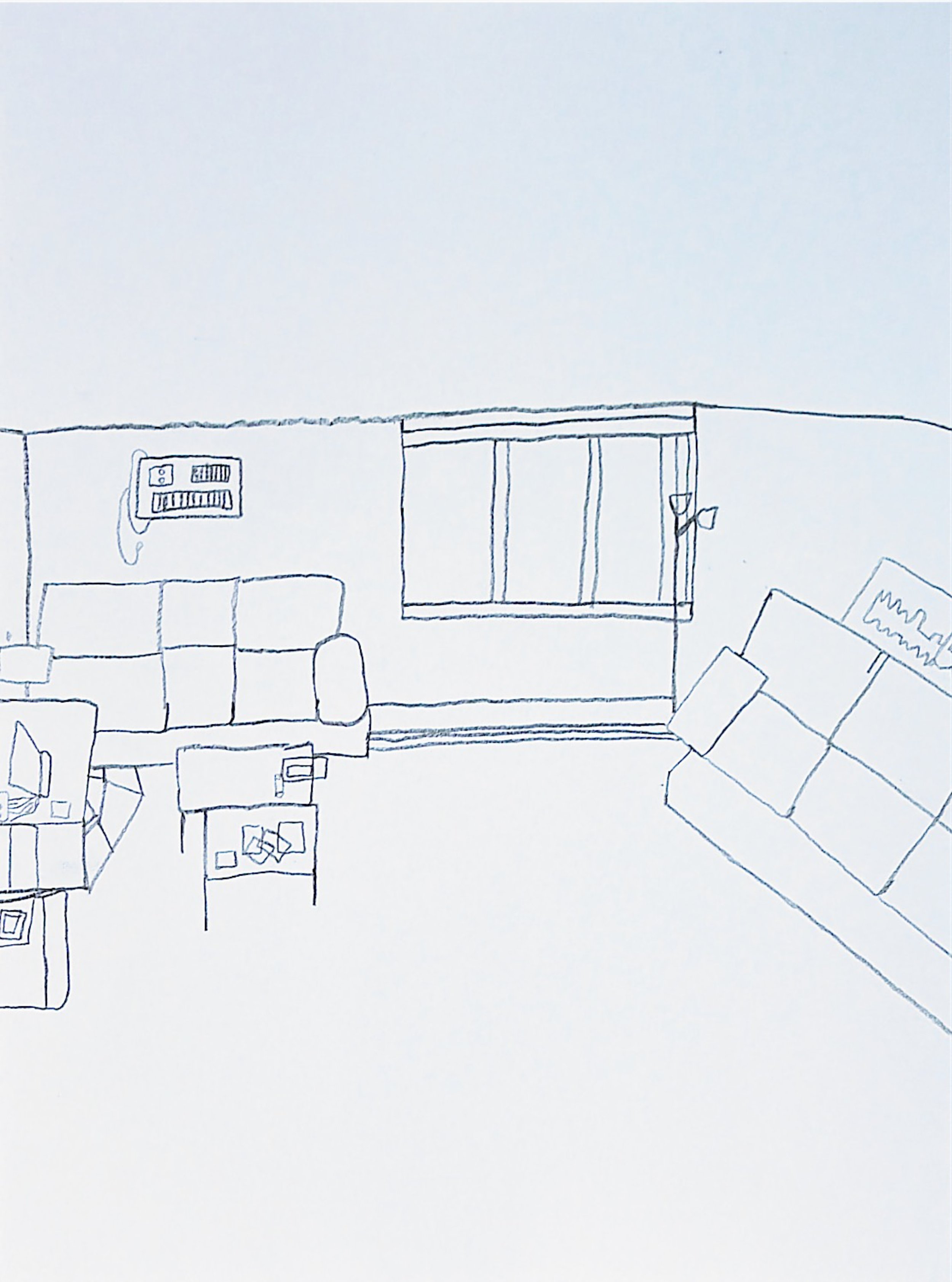 
Line is the most basic of the elements of design and in this image I have rendered an
interior environment using only this simple tool. I employed varied line weights to demonstrate hierarchy in this perspective drawing.