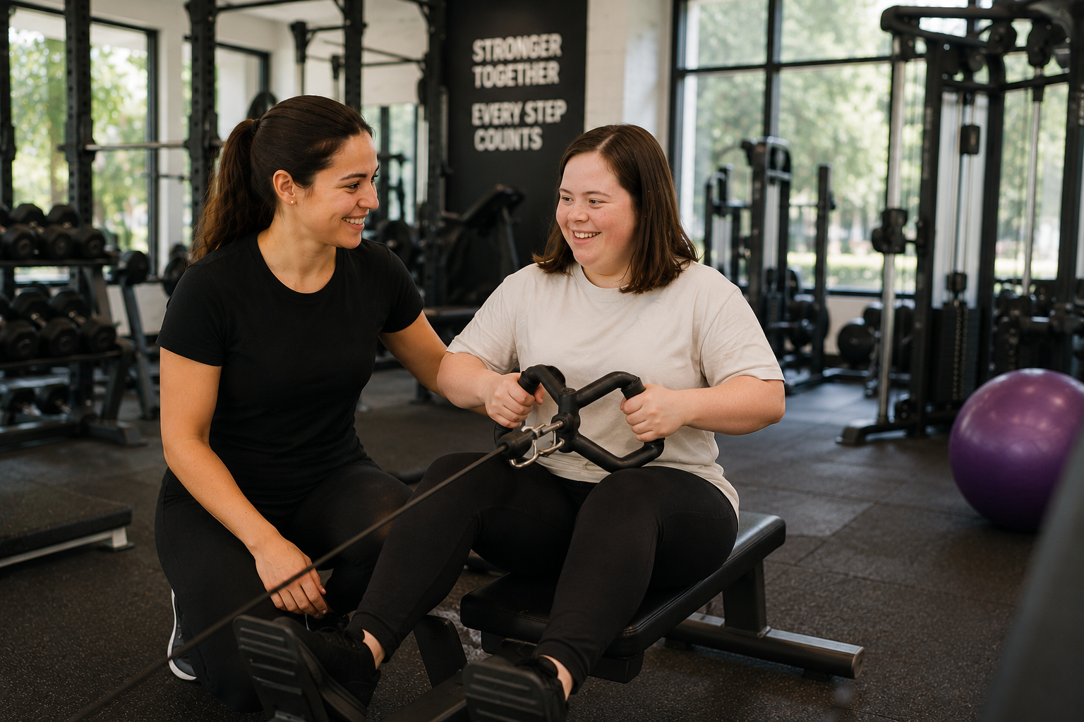 Support worker assisting with exercise, fitness and wellbeing activities.