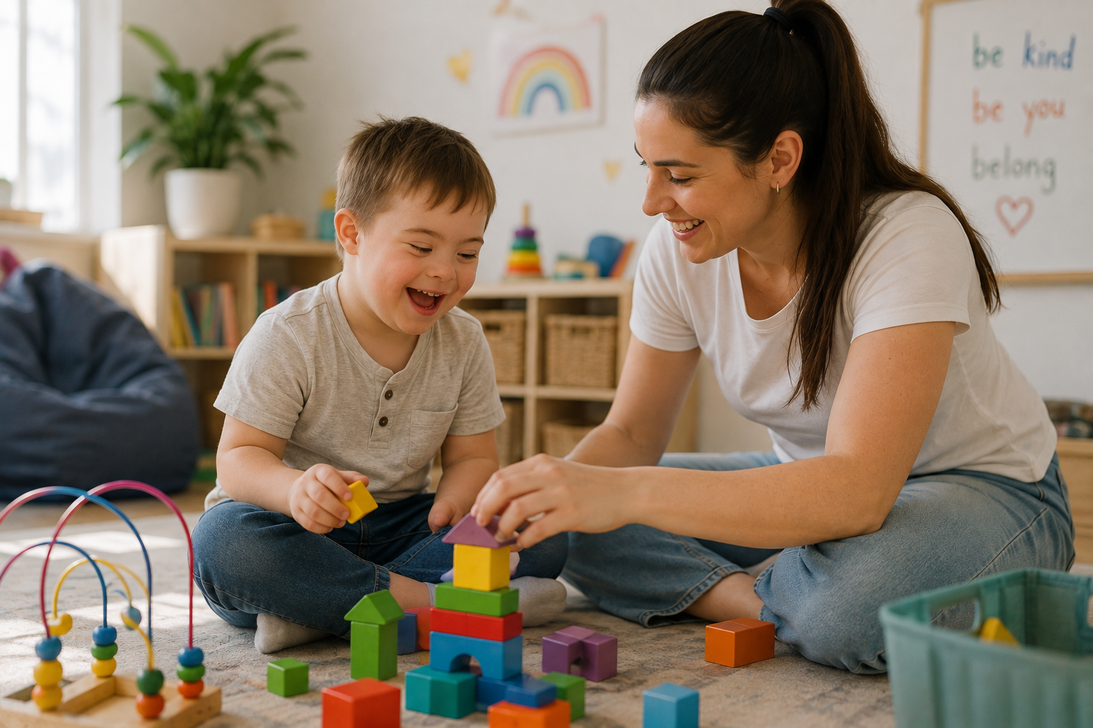 Support worker engaging with a child through play and skill-building activities.