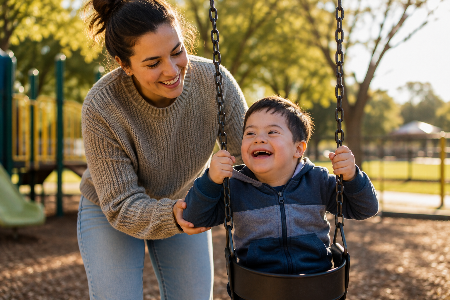 Support worker assisting a child with an inclusive playground activity.