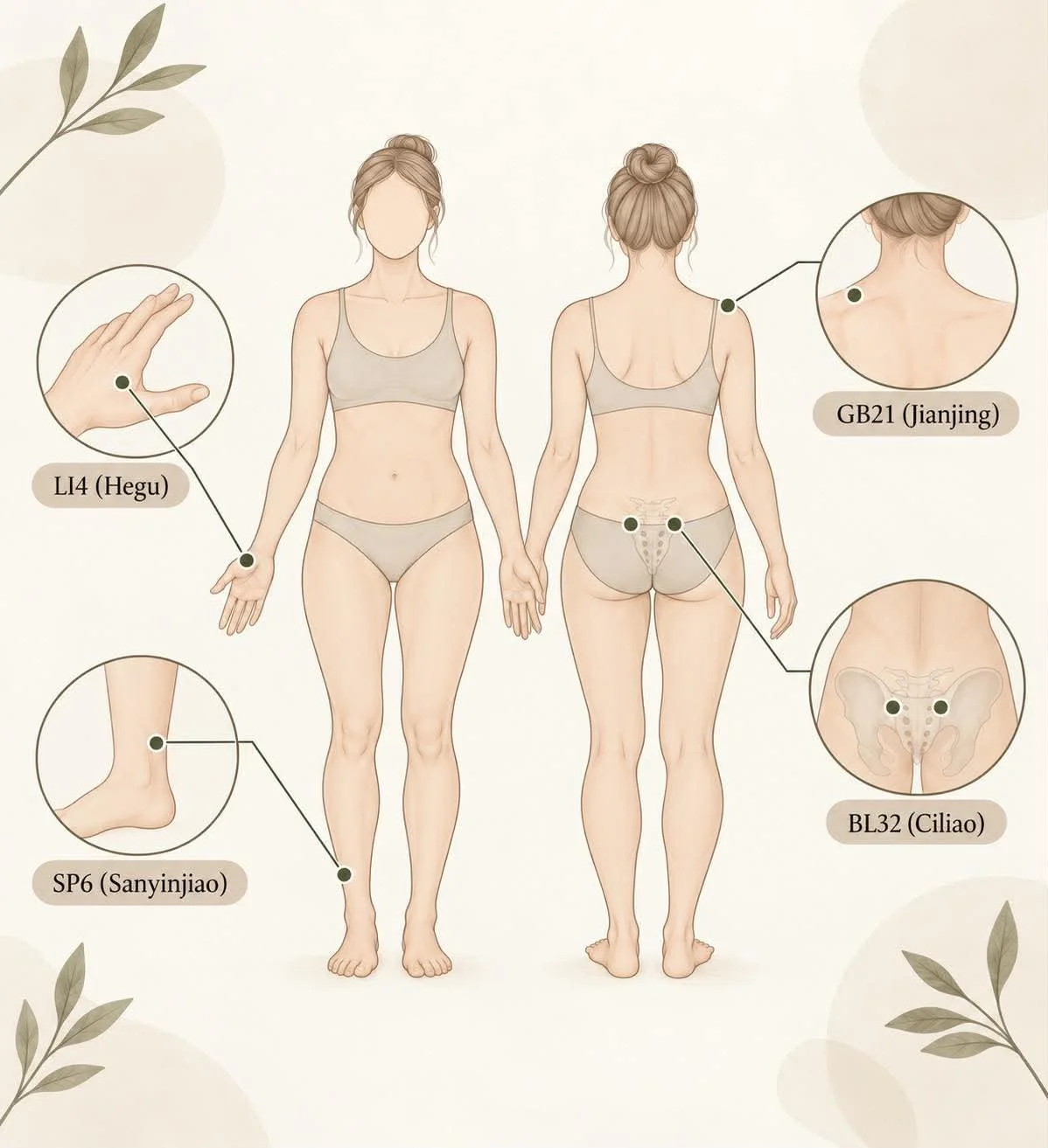 Illustration des points d’acupression LI4 sur la main, SP6 près de la cheville, BL32 au bas du dos et GB21 sur l’épaule, présentés parmi les options de gestion de la douleur pendant l’accouchement.