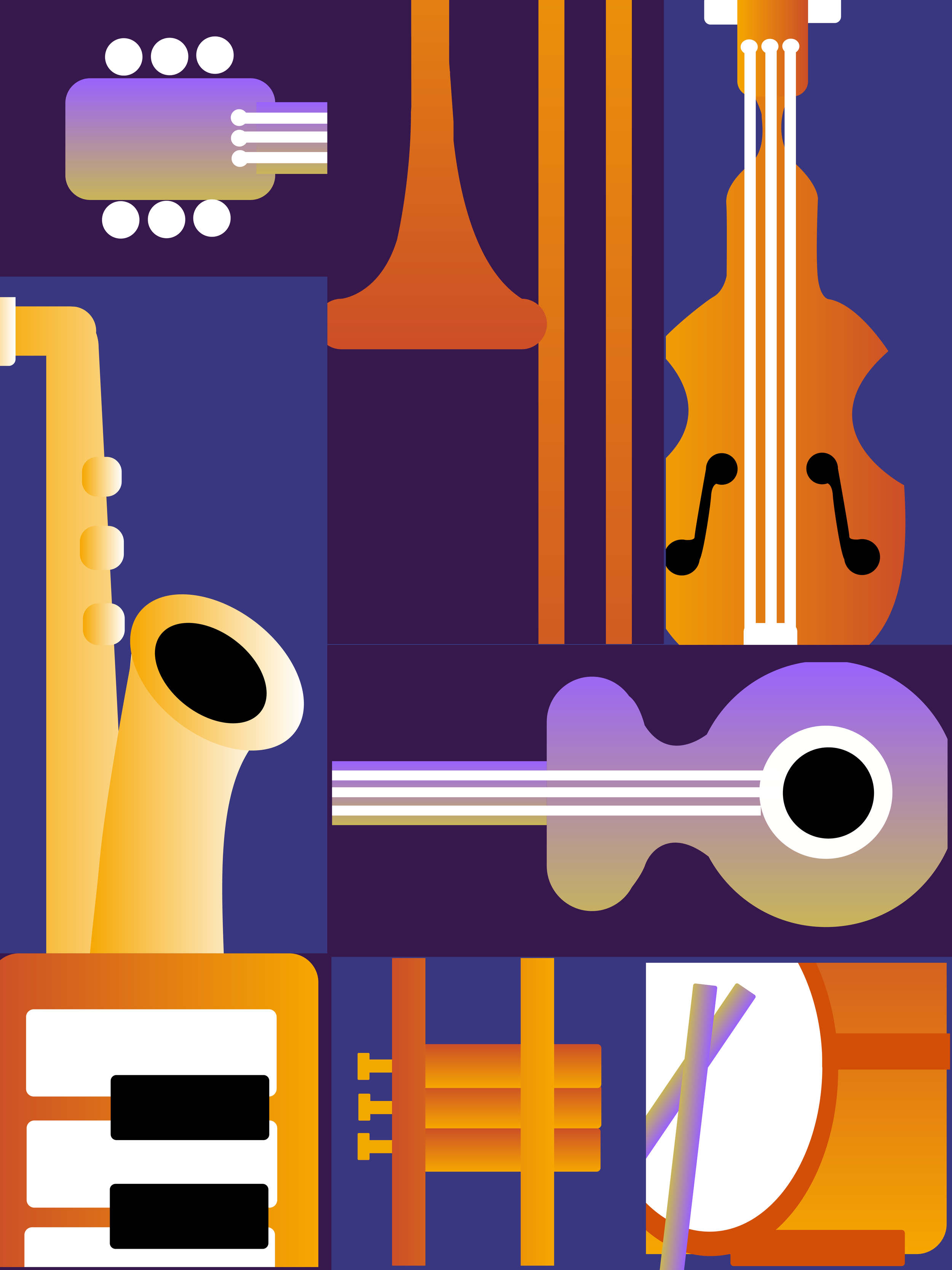 A colorful abstract illustration of musical instruments, including a saxophone, a violin, and a guitar, with geometric shapes and a dark background.
