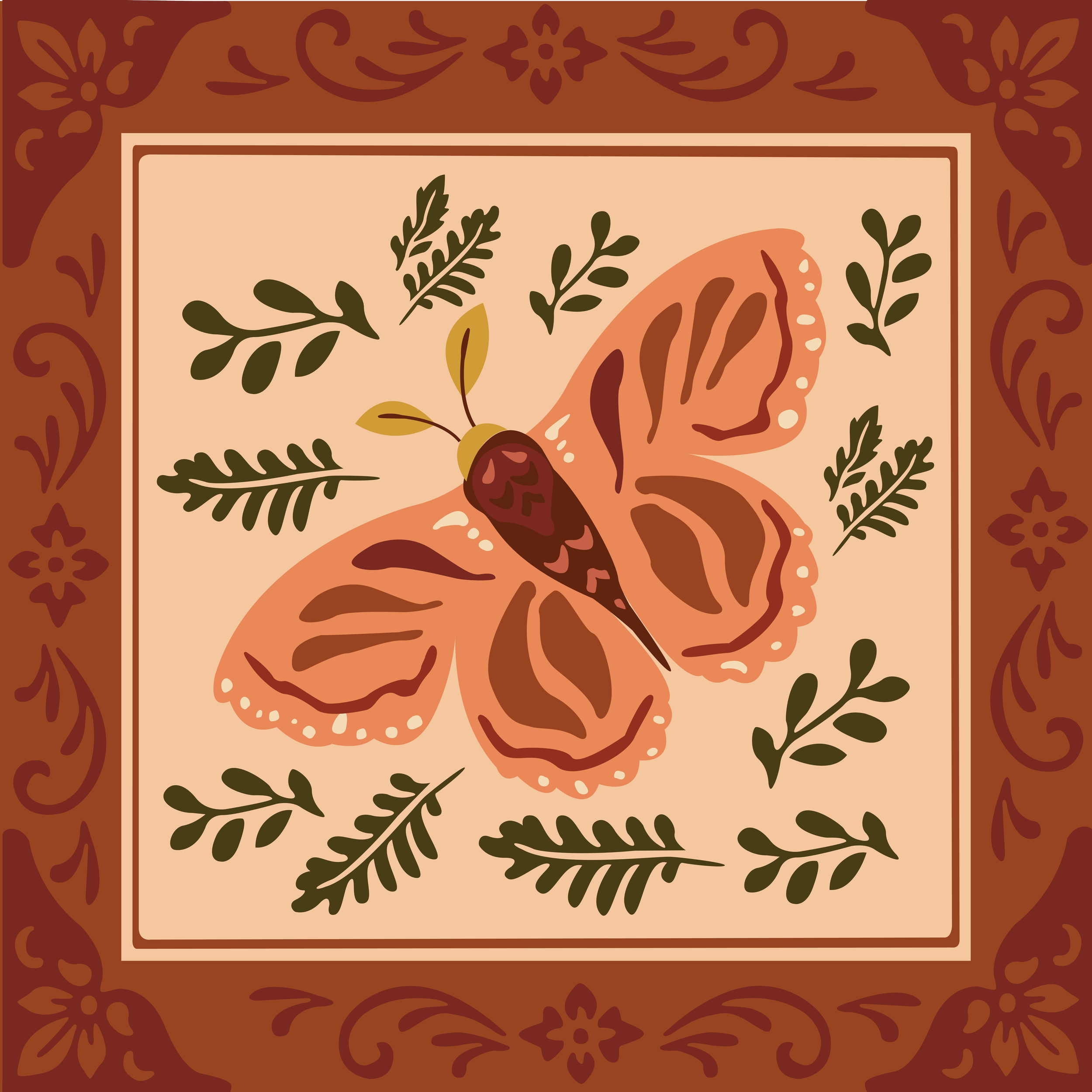 Close-up of a decorative design featuring dried leaves and herbs on a beige background framed by a brown ornate border.