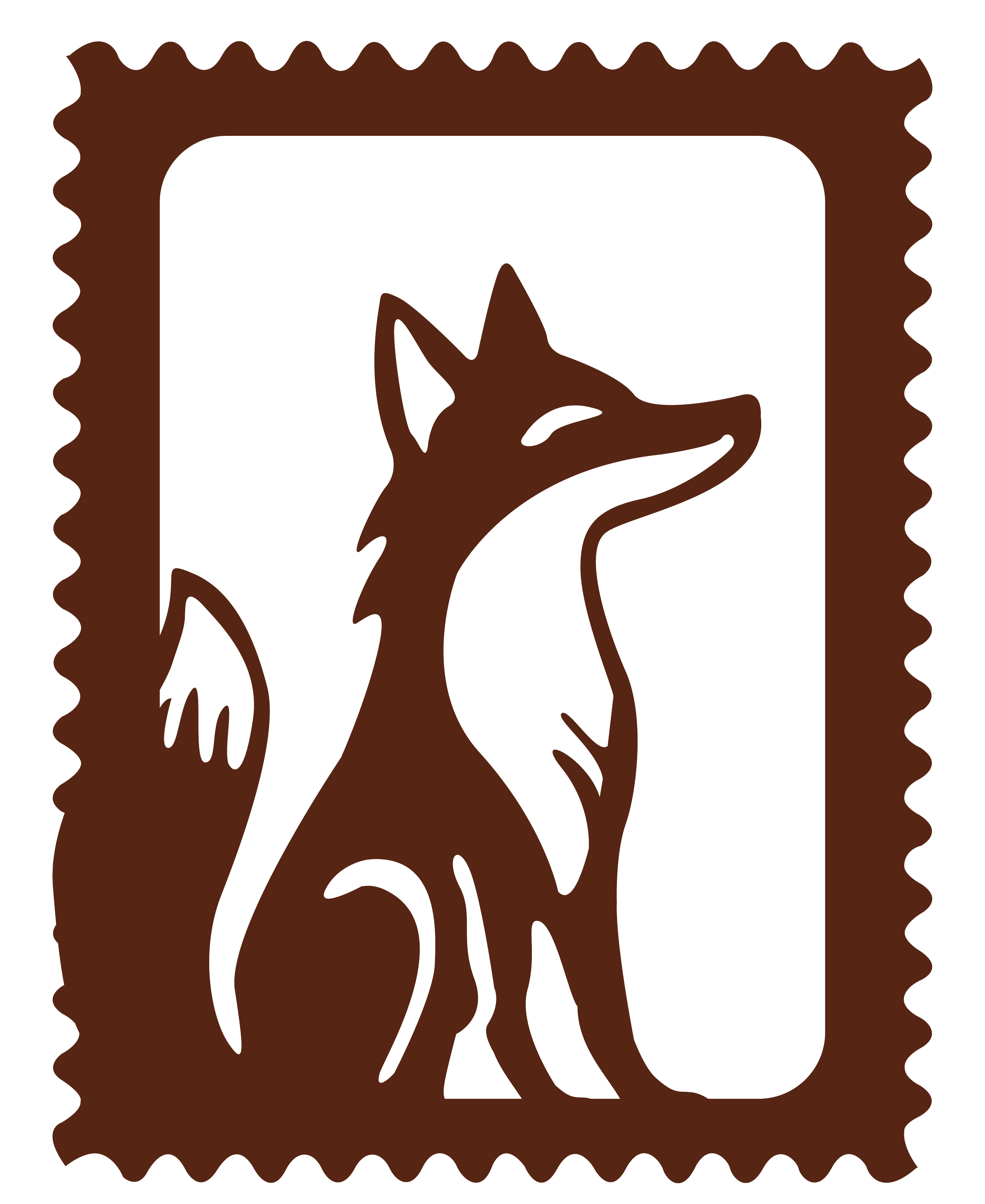 A printed illustration of a fox's head in dark brown on a beige background, framed by a decorative scalloped border.