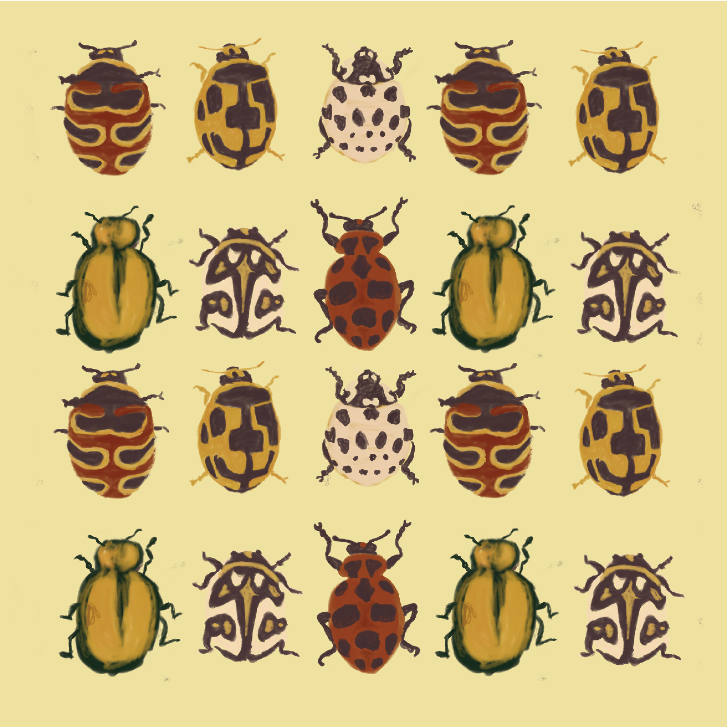 A pattern of various colorful beetles arranged in rows on a light yellow background.