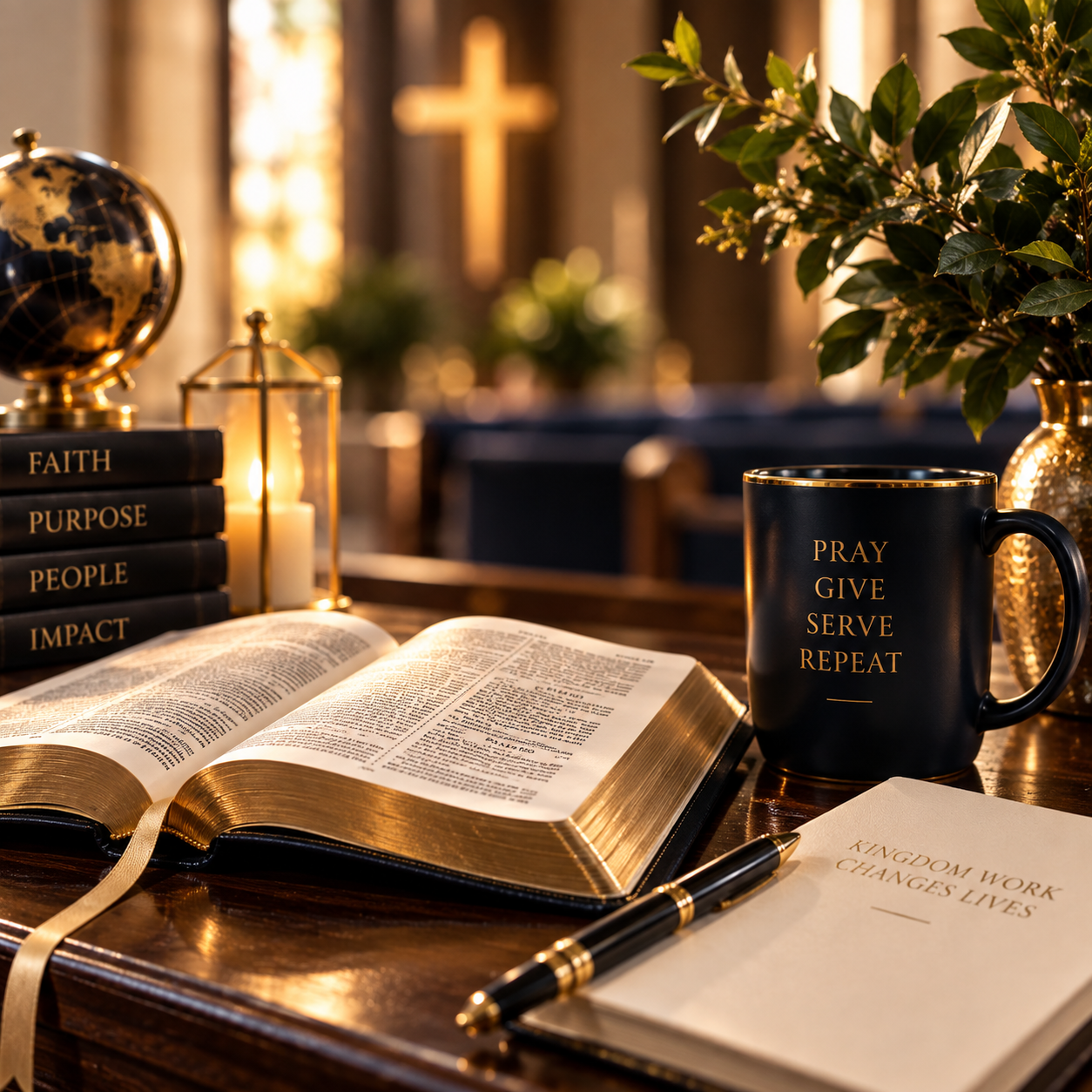Open Bible, prayer journal, and faith-inspired décor arranged in a warmly lit church sanctuary with a cross in the background.