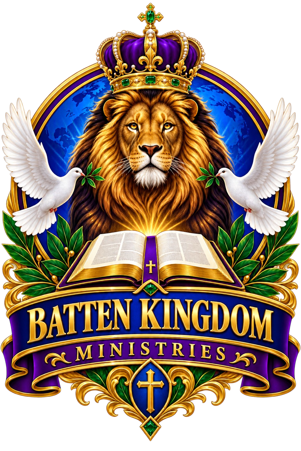 A religious emblem featuring a lion wearing a crown, flanked by two doves holding olive branches, with an open Bible at the bottom and the words "Batten Kingdom Ministries" in gold and purple banners.
