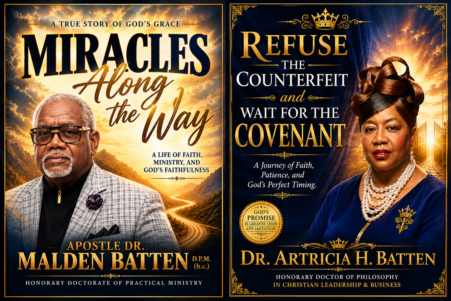 Book covers featuring spiritual and faith themes. The left cover titled "Miracles Along the Way" with a photo of an older man with glasses, and the right cover titled "Refuse the Counterfeit and Wait for the Covenant" with a photo of a woman wearing pearl necklaces. Both covers have gold and blue color schemes with decorative borders and symbols.