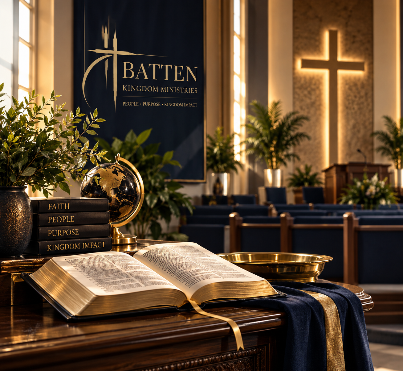 Open Bible with gold accents inside an elegant church sanctuary featuring a cross and Batten Kingdom Ministries banner.
