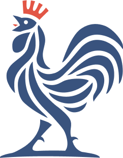 Stylized blue rooster with a red comb and crest.