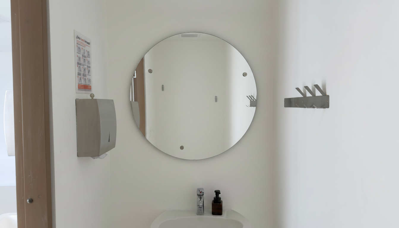 A simple bathroom with a large round mirror, a white sink with a faucet, a soap dispenser, a wall-mounted paper towel dispenser, and a coat rack with hooks.