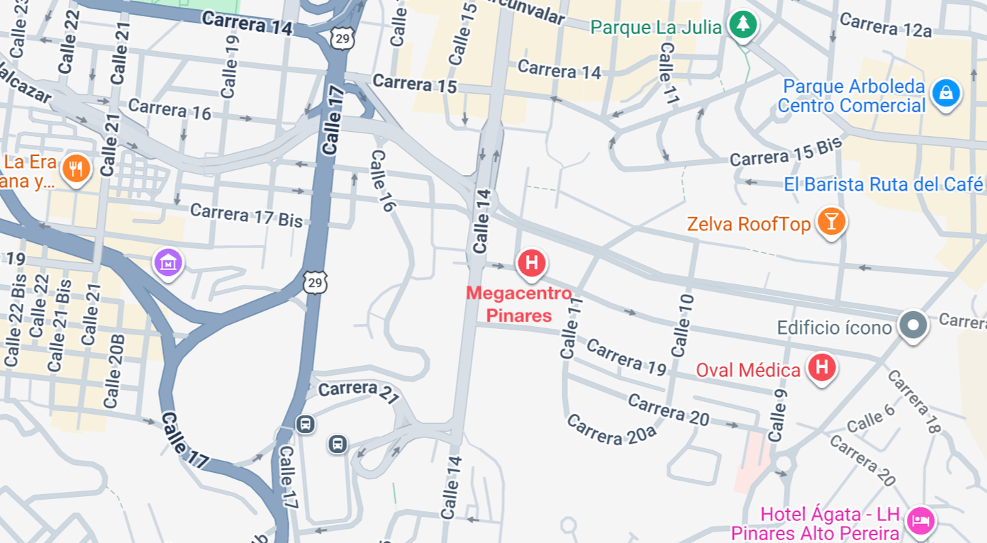 Map of a city showing streets, parks, hospitals, hotels, and restaurants with labels for locations such as MegaCentro Pinares, Oval Médica, and Hotel Ágata.