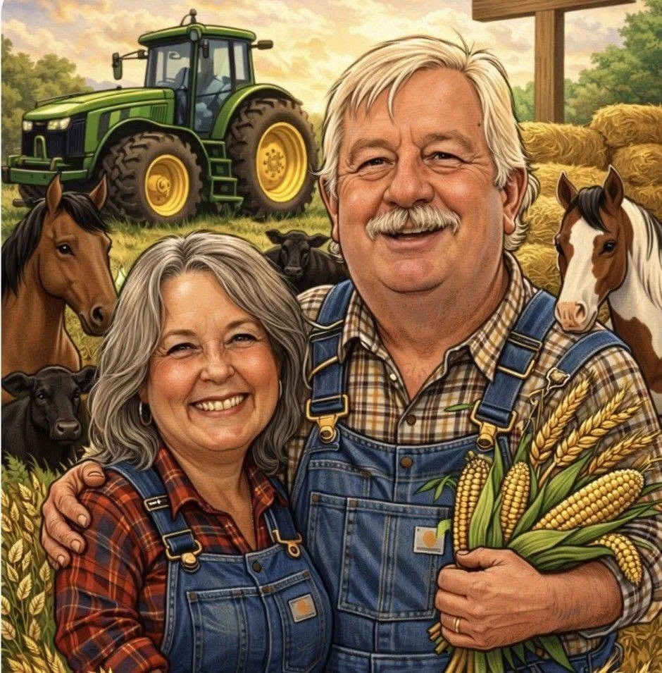 A happy couple dressed in plaid shirts and denim overalls, standing in a farm setting with a green tractor, horses, cows, hay bales, and fields of wheat around them. The man is holding a bouquet of corn cobs.