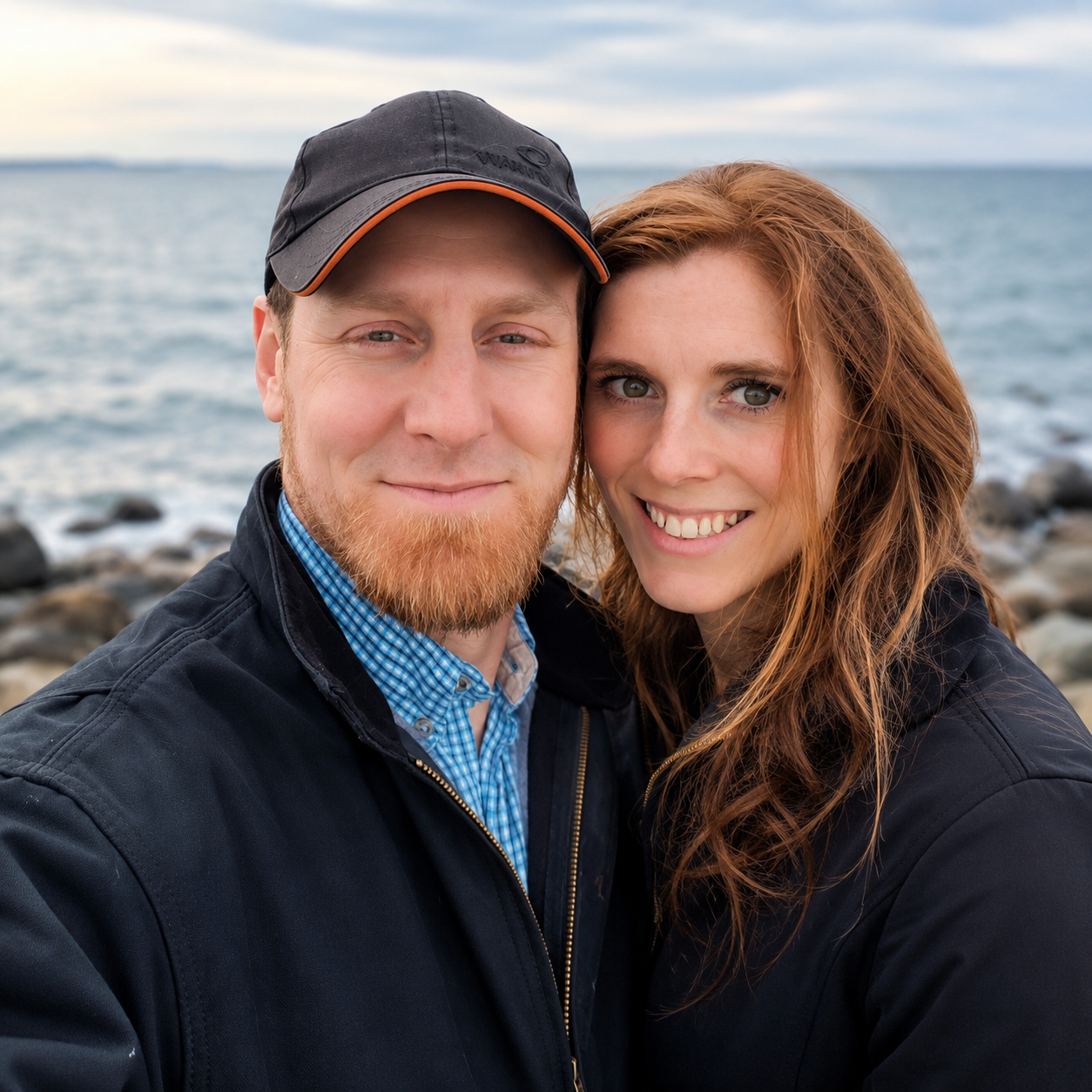 A smiling couple takes a selfie by the water with rocks and a cloudy sky in the background.