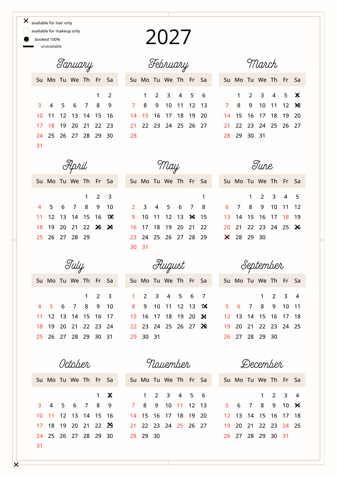 2023 calendar showing months from January to December, with dates marked for bookings and availability, including specific marked days with symbols indicating booking status.
