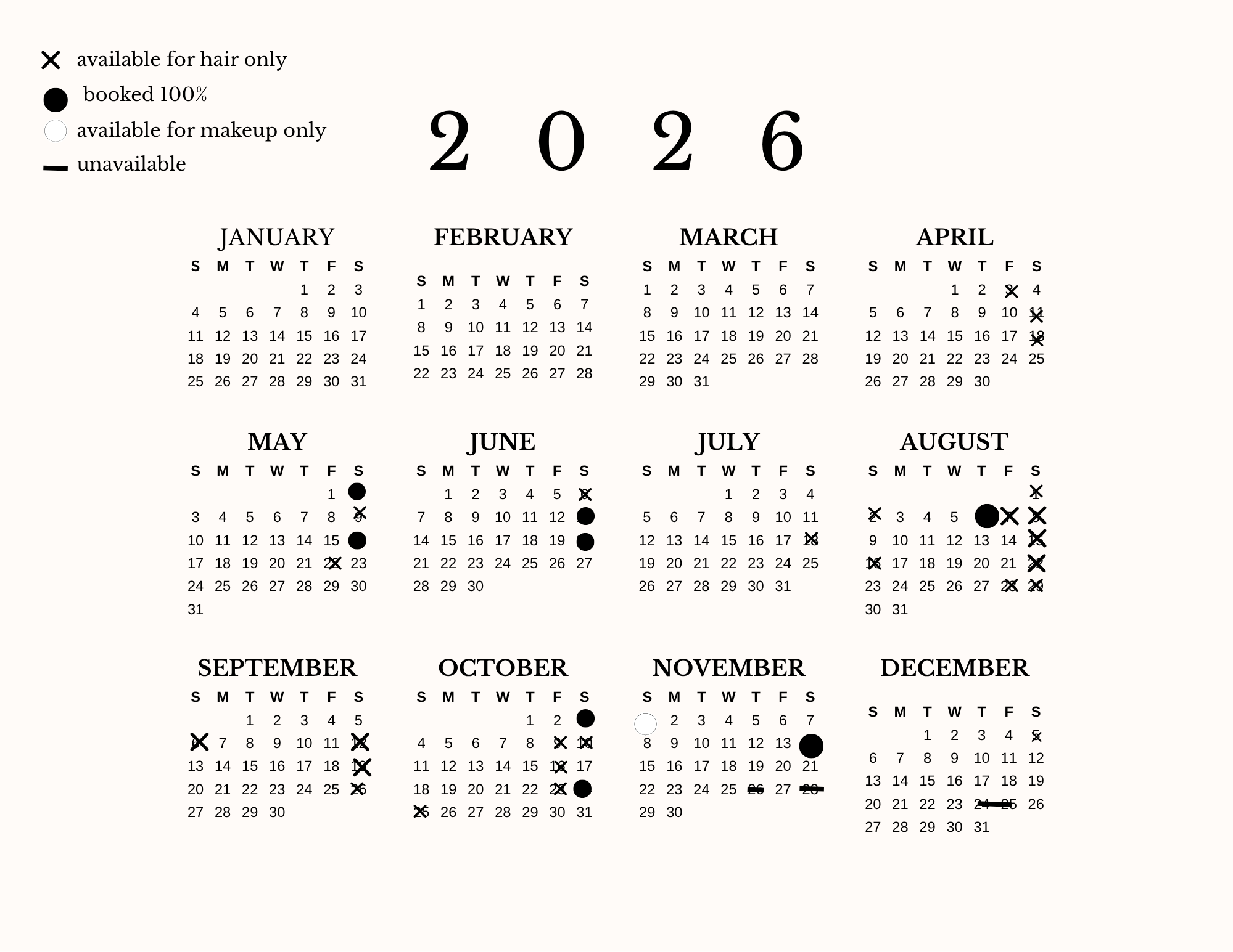 A calendar for the year 2026 with marked dates, symbols indicating availability, bookings, and unavailability, including specific days in January, February, March, and April.