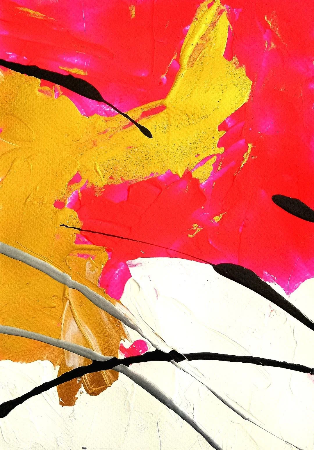 Abstract colorful painting with large pink, yellow, white, and brown areas, and black and gray lines.