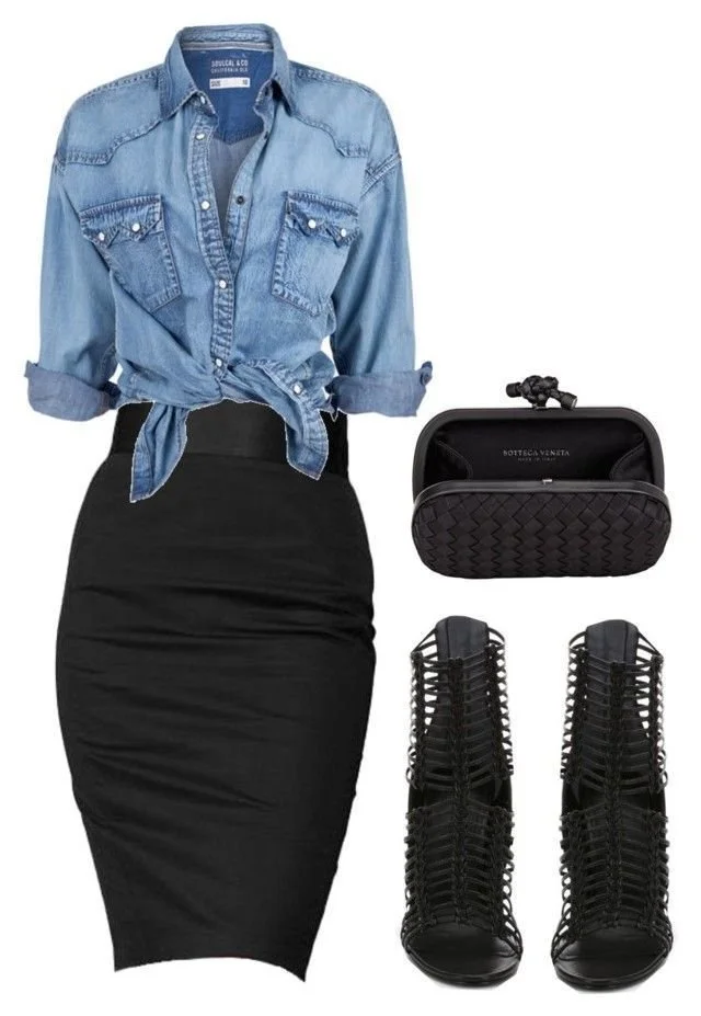 Casual outfit with a knotted light blue denim shirt, black pencil skirt, black lace-up high-heeled sandals, a black woven clutch, and a black compact camera with a strap.