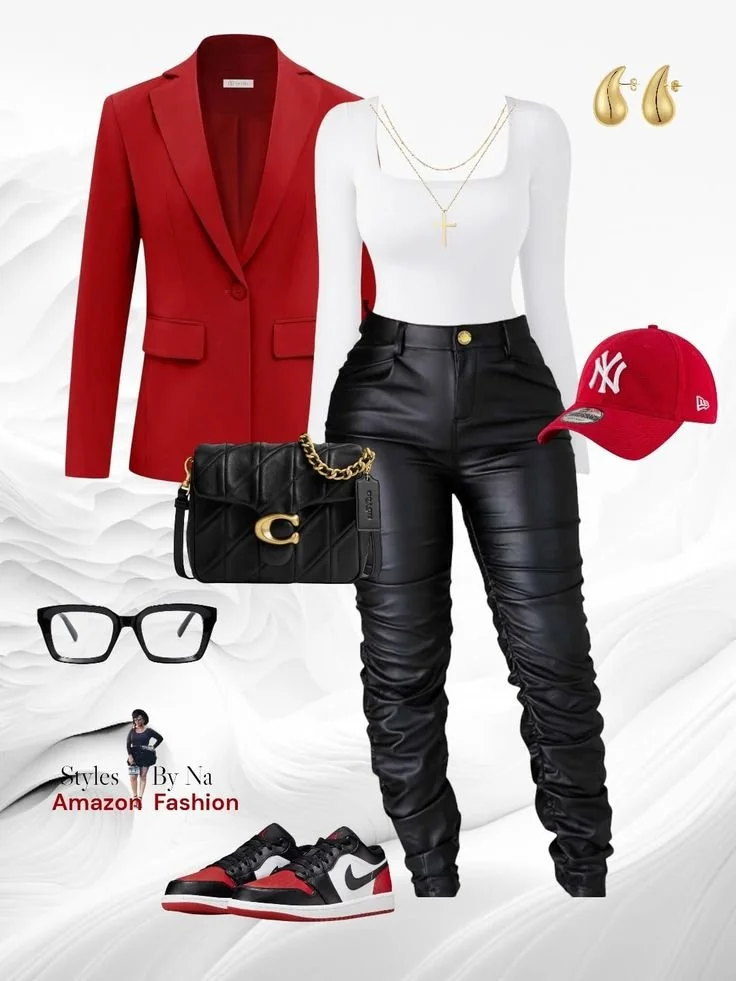 Red blazer, white top with layered gold necklaces, black leather pants, red and black Nike sneakers, red New York Yankees cap, black quilted handbag with gold chain, black glasses, and gold teardrop earrings.