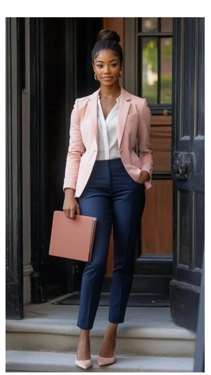 A professional woman in a light pink blazer and navy pants standing at the open door of a building, holding a pink folder, wearing light pink heels, and smiling confidently.