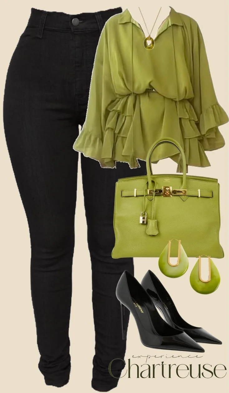 Outfit featuring black pants, a lime green ruffled blouse, matching lime green handbag and earrings, black high heels, and a pendant necklace.