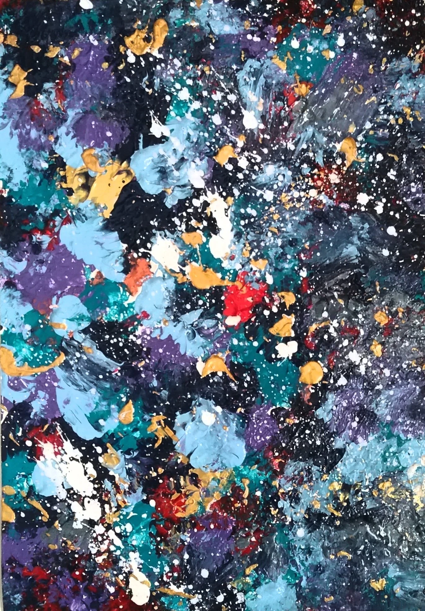Abstract colorful splatter painting with predominant hues of purple, blue, black, white, red, and gold.